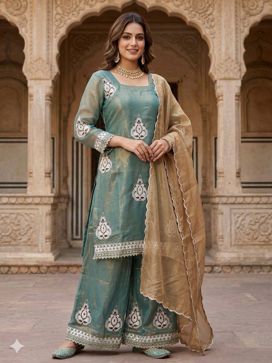 The Neo-Classic Teal Tissue Silk Silhouette